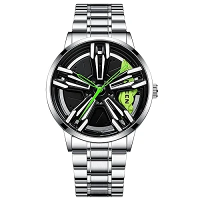Imagen de MIDYUID Relojes para Hombre Rueda de Coche Llanta Hub Reloj Estereoscópica Hueca Moda Deporte Cuarzo Hombres Regalos Pulsera (Green 05)