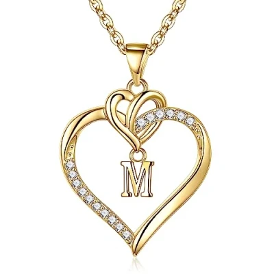 Imagen de TINGN Collar con Letra de Corazón para Mujer, Inicial Chapado en Oro 14 Quilates M Personalizado Mujer Regalos cumpleaños y Navidad Mujeres Niñas Mamá Novia