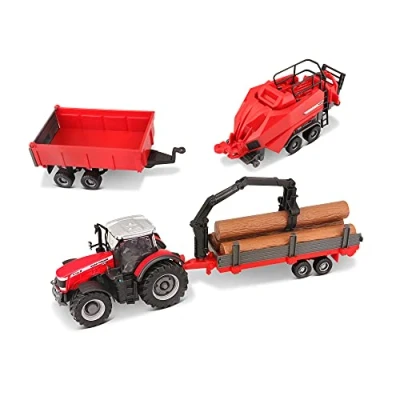 Imagen de Bburago B18 31668 Massey Ferguson 8740S Tractor agrícola Fundido a presión con 3 vehículos remolques, Rojo