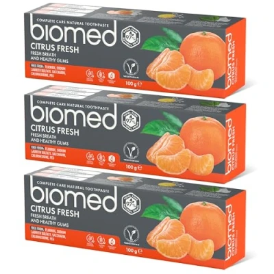 Imagen de Pasta de dientes 97% natural Biomed Citrus Fresh Naranja, aliento fresco, encías saludables Aceites esenciales mandarina, pomelo y limón, sabor a frutas, apto para vegetarianos, sin SLES 3x100g