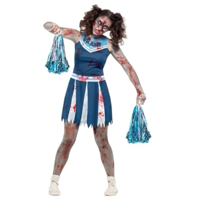 Imagen de Smiffys Disfraz de animadora zombi, Azul, con vestido y pompones