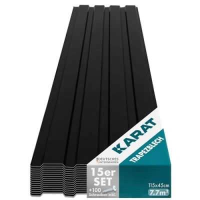 Imagen de KARAT 15 piezas de Chapa trapezoidal 115 x 45 cm Juego perfilada con tornillos 7,7 m² techo Grosor 0,25 mm acero Revestimiento pared (Negro)