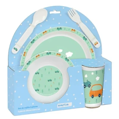Imagen de Safta PREESCOLAR COCHES Set de Platos y Cubiertos, Pack, Plato, Cubierto, Bebé, Iniciación, Comida, Cómodo Versátil, 26x9x26 cm, Color Verde Agua