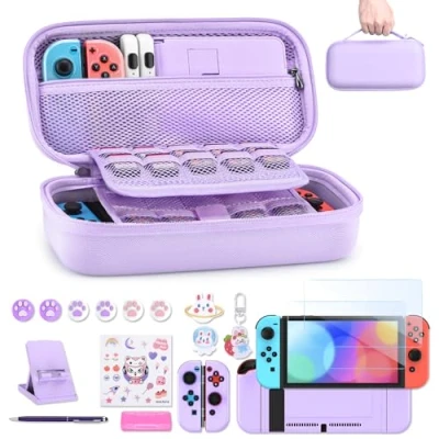 Imagen de Funda para NS Switch innoAura Accesorios 18 en 1 con Carcasa de Transporte Switch, Videojuegos Protector Pantalla Soporte Switch(Violet)