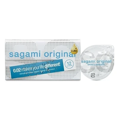 Imagen de Sagami Original 0.02 Extra Lubricado Súper Delgado Fuerte Preservativos de poliuretano sin látex (paquete 12)
