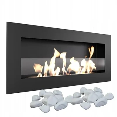 Imagen de KRATKI Chimenea de bioetanol Delta Slim + Guijarros 2 kg Montaje en pared o instalación empotrada esquina, con acristalamiento l Biocontenedor 0,4 l, certificado TÜV Acero, 40 x 90 cm, Negro