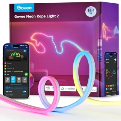 Imagen de Govee Neon Rope Light 2, RGBIC Tira LED 5m con Bende Clips, Funciona Matter, Alexa y Google Assistant, Mapeado de Formas, Efectos iluminación DIY, Luces para decoración paredes, Blanco