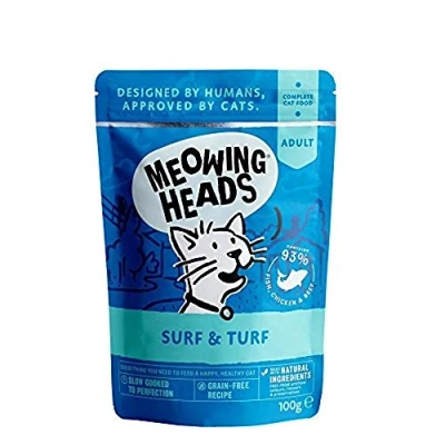 Imagen de Barking Heads Meowing Comida Húmeda para Gatos Surf &amp; Turf Sobres De Pollo Y Ternera Sin Aromas Artificiales, 93% Natural, Receta Cereales (10 X 100 G) 1000 g