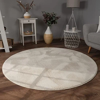Imagen de Paco Home Alfombra salón Piel Artificial Suave Pelo Largo Lavable Distintos Colores, tamaño:80 cm Redon, Color:Crema