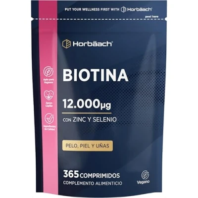 Imagen de Biotina Zinc Selenio Complex para el Cabello 12.000 mcg 365 Comprimidos Veganos Alta Dosis Complejo de Vitaminas Cabello, Piel y Uñas Biotin Horbaach