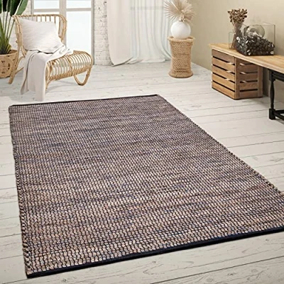 Imagen de Alfombra Salón Pelo Corto Hecha A Mano Motivo Boho Jaspeado Fibra Natural Yute, tamaño:120x170 cm, Color:Azul