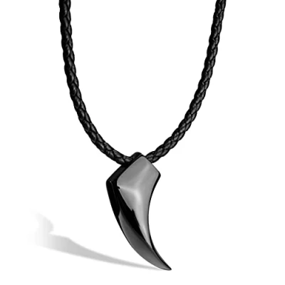 Imagen de SERASAR Collar Cuero con Dientes de Lobo, para Hombre, Muchacho, Hombre Negro, Tribal Masculino 60cm, Joyas Hombres, Regalo Esposo