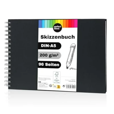 Imagen de Perfect ideaz cuaderno de dibujo (96 páginas, 48 hojas) DIN A5, profesional, libro espiral con papel blanco blanco, 200 g, bocetos y negro en para