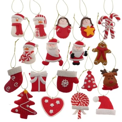 Imagen de Hvfun juego de adornos para árbol Navidad, 18 navideños únicos, material arcilla, encantador Navidad rojos y blancos, colgantes festivos