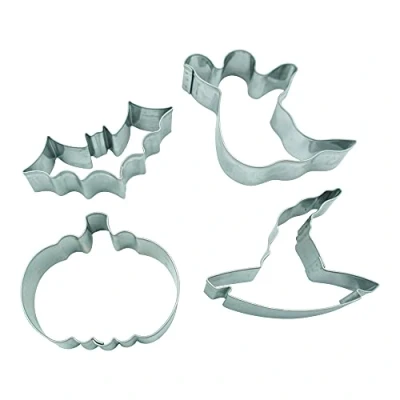 Imagen de BekkiB 34624 Juego de 4 cortadores galletas con diseño murciélago, fantasma, calabaza y sombrero bruja