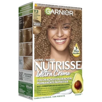Imagen de Garnier Nutrisse Creme Coloración Nutritiva Permanente, Tinte 100% Cobertura de Canas con Mascarilla 5 Aceites Tono 7.3 Rubio Dorado