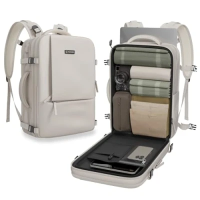 Imagen de NUMADA Mochila Viaje Cabina Avión 40x20x25cm (20L) con Varios Bolsillos y Compartimento para Portátil 15&quot;. Ryanair Asas Acolchadas, Cintas de Apriete, Zapatero Zona LíquidosBeig