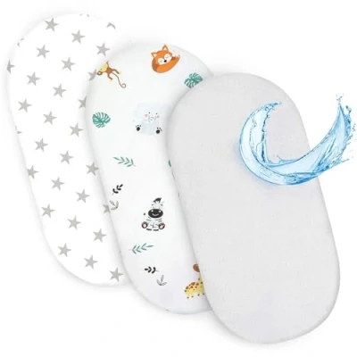 Imagen de sábana Ajustable para Cochecito de niño y moisés Cuna Juego 3: 75 x 35 cm 2X Funda con 1x Protector colchón Impermeable Ajustable. Safari Blanco