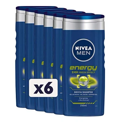 Imagen de Nivea MEN Energy ducha champú 6 x 250 ml, Gel de para hombre revitalizante cuerpo, cara y cabello, refrescante con extracto menta