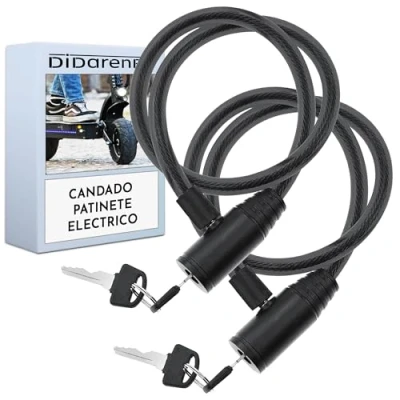Imagen de Candado patinete electrico doble seguridad 2 uds cable de Acero resistente 60 cm cierre avanzado con llave seguro fuerte practico facil guardar negro