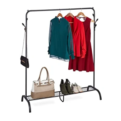 Imagen de Relaxdays Perchero Burro Metálico, Balda, 6 Ganchos, Barra Perchas Dormitorio, 145x132x44 cm, de Pie, Color Negro, Acero