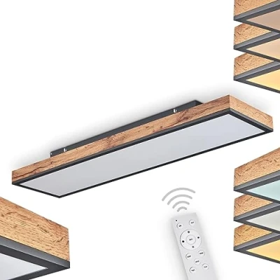 Imagen de Lámpara de techo Salmi LED, metal/MDF en negro/marrón/madera, 1 luz, 24 vatios, 150 1500 lúmenes, color la luz 2700 6000 Kelvin, regulable mediante el mando a distancia incluido