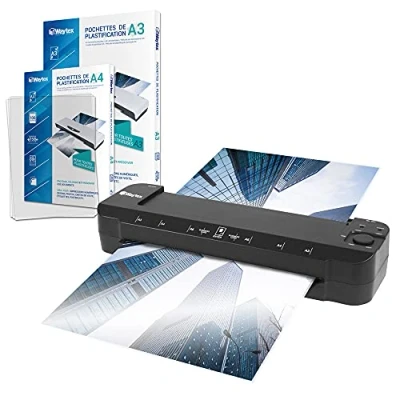 Imagen de Waytex Plastificadora A3 A4 A5 A6 A7 Pro Ultra rápida en caliente y frío hasta 2 x 150 micras. Temperatura ajustable para uso profesional intensivo Pack con 100 fundas