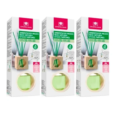 Imagen de CRISTALINAS. Pack 3 Ambientadores Mikado. Cubo de Madera con Varillas ratán. 0% Alcohol Mas 4 semanas duración. 30ml. Aroma Jazmín Verde. (3x30ml)
