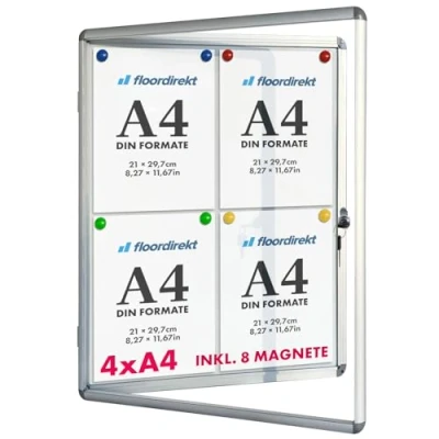 Imagen de Vitrina exclusiva con material de montaje Caja informativa Parte posterior magnética y rotulable Puerta doble cara cerradura cilindro Marco aluminio (para 4 x A4)
