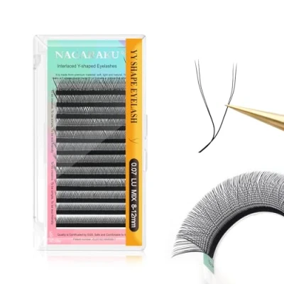 Imagen de NAGARAKU YY Pestañas Suministros Y Lash Abanicos Prefabricados 4D Volumen Ruso Cruz Tejidas a Mano Malla en Forma Eyelash Extension Wispy Cluster Negro Mate 12 Filas(0.07 C Curl 14mm）