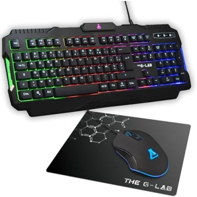 Imagen de The G Lab Combo Helium Ensemble Gaming 4 en 1 Clavier Gamer AZERTY Rétroéclairé, Souris 3200 dpi, Écouteurs Intra Auriculaires, Tapis de Pack PC PS4 PS5 Xbox One/Series X