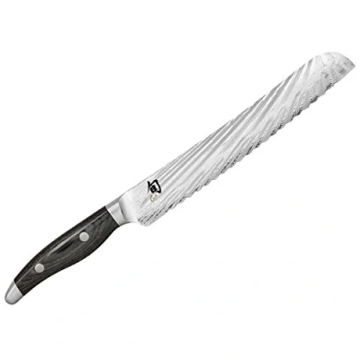 Imagen de KAI Shun Nagare Cuchillo para pan con hoja de 23 cm 72 capas acero Damasco VG 2 y 10 núcleo dual Mango madera Pakka gris negro filo ondulado forjado