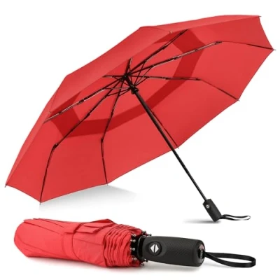 Imagen de ZOMAKE Paraguas Plegable Antiviento,Pequeño Paragua Protección Solar UV para Hombre Mujer Mini Umbrella con Apertura y Cierre Automático,Resistente al Viento,de Secado Rápido(Rojo)