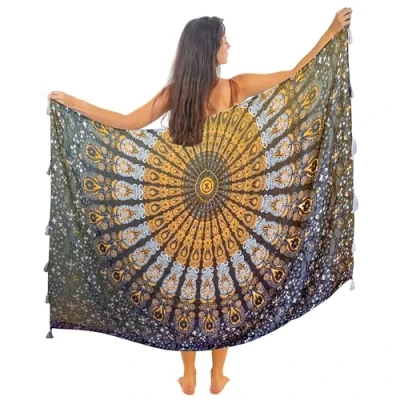 Imagen de Pareo De Playa Para Mujer Algodón Boho Bikini Cover Up Cubierta Envolvente Falda Sarong Chal Vestido Piscina Vacaciones BañadorTraje Baño Tapiz Bohemio Colgar en la Pared 180x115cm
