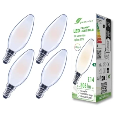 Imagen de greenandco 4x bombilla de filamento LED esmerilado E14 C35 3,8W 806lm sustituye A 60W 2700K blanco cálido 320 230V sin parpadeo clase energética no regulable