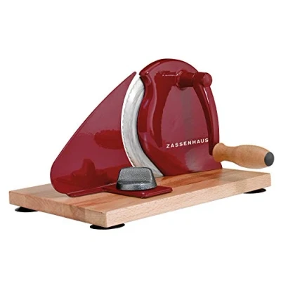 Imagen de Zassenhaus Cortador de pan manual CLASSIC Rojo Hoja acero Solinger Grosor corte: 1 18 mm Tabla y manivela madera haya 30 x 25,5 19 cm