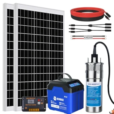 Imagen de DCHOUSE Juego de bomba agua para pozos profundos, con sumergible 12 V CC, 2 paneles solares 120 W, batería Bluetooth 100 Ah, regulador 20 A fuentes, estanques