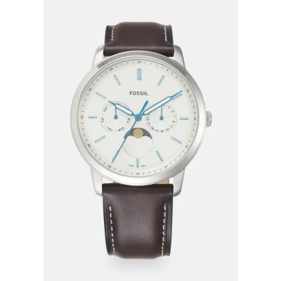 Imagen de Fossil Reloj para hombre Neutra, movimiento multifunción, caja de 42mm acero inoxidable plateado con correa piel ProPlanet, FS5905, Marrón y Blanco