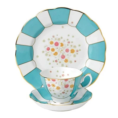 Imagen de Royal Albert 108 100 Years 1930 Mint Deco Taza de té, platillo, Plato 20 cm, Juego 3 Piezas, Turquesa, Porcelana Ceniza Hueso, Decoración Menta, Piece