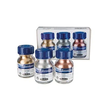 Imagen de Schmincke Set de Aqua Bronce, oro pálido, plata, cobre, 3 x 20 ml, 15 700 097, efectos metálicos brillantes sobre pinturas al gouache y acuarela en papel, cartón, tabla pintura, lienzo