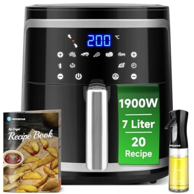 Imagen de Aigostar Freidora de Aire 7L, 1900 W, Sin Aceite con 7 Funciones, Pantalla Táctil LED, Doble Uso: Cesta o Cajón. BPA. Libro Recetas Incluido, Antiadherente, Negra(IBT)