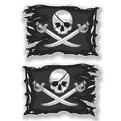 Imagen de 2 pegatinas de vinilo con diseño calavera Jolly Roger 10 cm ancho x 7 alto.