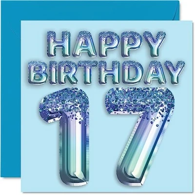 Imagen de Stuff4 Tarjeta de cumpleaños número 17 para niños, globo fiesta con purpurina azul, tarjetas feliz niños años, nieto, hijo, hermano, sobrino, 145 mm x mm,