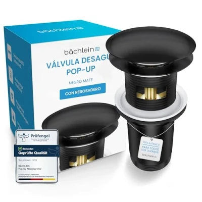 Imagen de Bächlein Desagüe Universal con Rebosadero para Lavabo &amp; Lavamanos Válvula Pop Up Automática Negra Mate incl. 3 Juntas Todo Tipo de Lavabos, Instalación Instrucciones