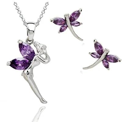 Imagen de Crystalline Azuria Mujer 18ct Chapado en Oro Blanco Hada Tinkerbell Violeta Cristales de Zirconia Juego joyas Collar con Colgante 45 cm Pendientes para y Niña