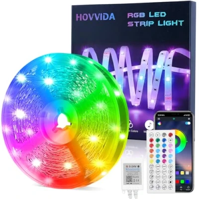 Imagen de HOVVIDA Tira LED 15M, 1x15M, 30 LED/Metro, 24V RGB Luces 450 LED, APP y Mando a distancia, Modo de Música, para Habitación, Sala, Cocina, Dormitorio, Bar, Fiesta