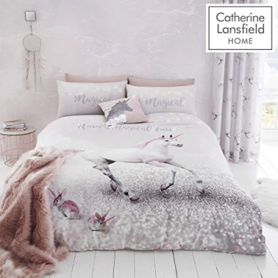 Imagen de Catherine Lansfield Enchanted Unicorn Juego de edredón fácil Cuidado con Unicornio Encantado, Polialgodón, Rosa, King Duvet Set, 3