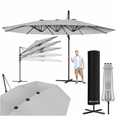 Imagen de KESSER® Sombrilla, 4,6m x 2,7m Sombrilla Cubierta y Protección Contra el Viento, Con Manivela Soporte, Aluminio, Hidrófuga, Inclinable Inclinable, Orientable 360, Gris Claro Sin LED