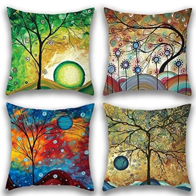 Imagen de JOTOM Funda de Almohada para Cojín Lino y Poliéster Suave,Cuadradas,Decorativas Sofa,Cama,Silla 45 x cm,Juego 4 (Árbol fantasía)