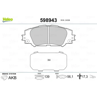 Imagen de VALEO 598943 Juego de pastillas freno Eje delantero Chapa antichirridos TOYOTA: Auris Hatchback, RAV4 III SUV, Yaris LANCIA: Voyager